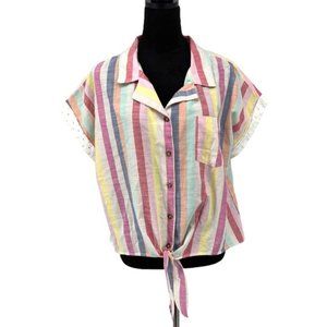 Signature Studio Bright Rainbow Stripe Summer Spring Button Tie Front Blouse